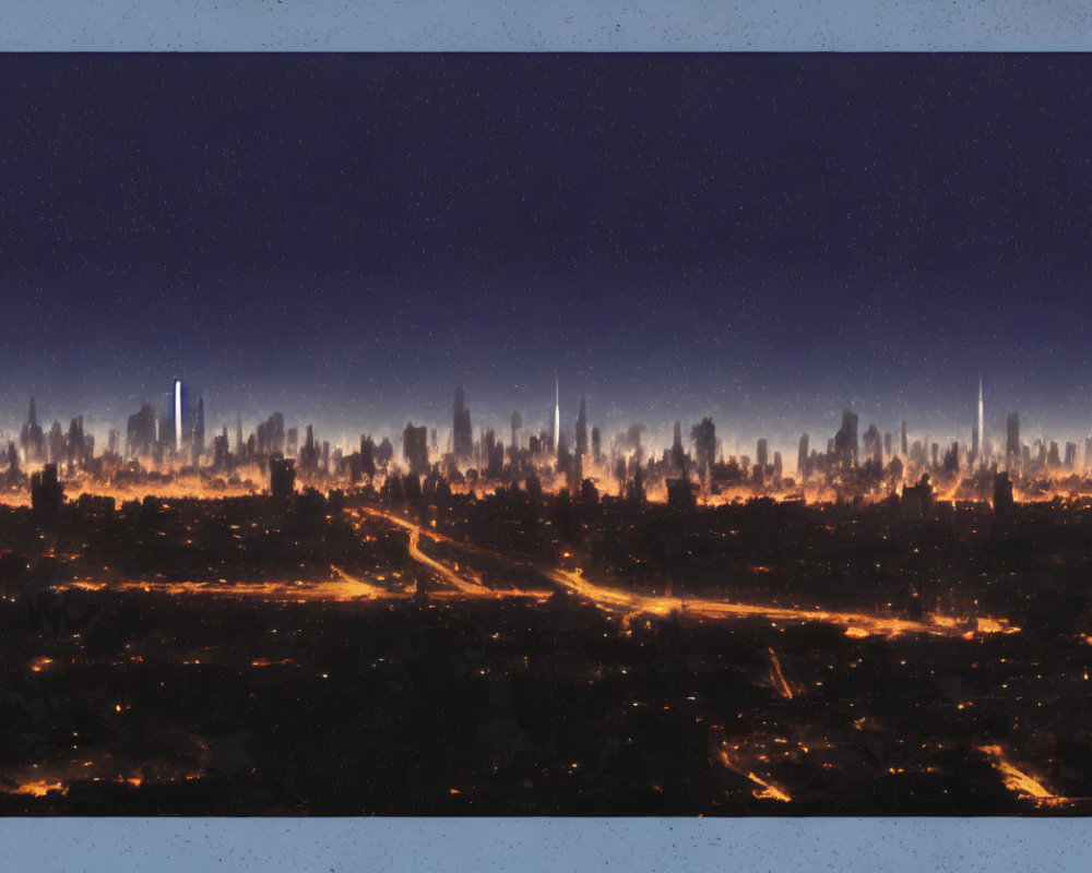 Night Cityscape: Illuminated Streets and Buildings under Dark Blue Sky