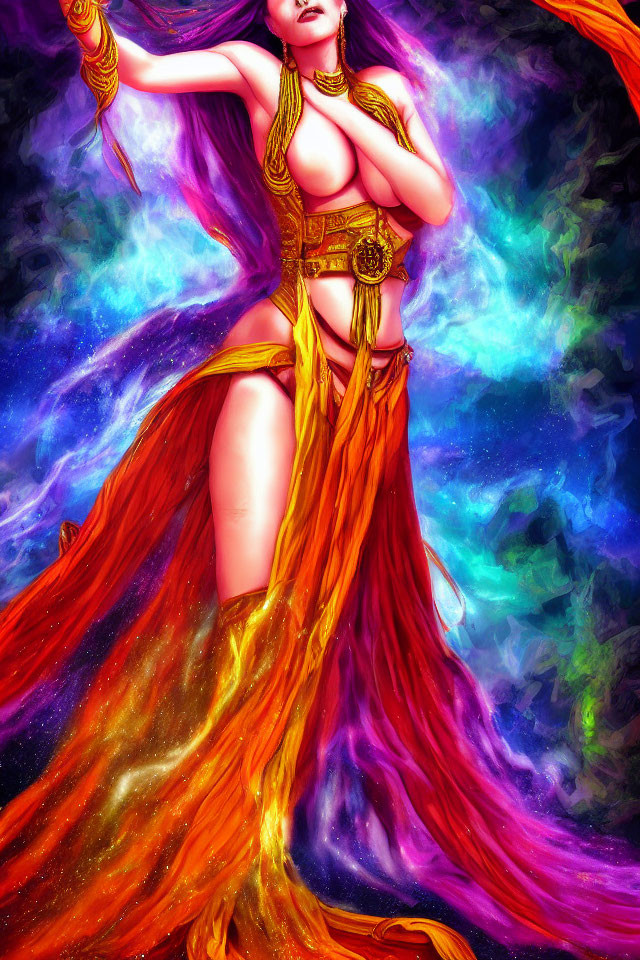 Vibrant Woman Illustration with Flowing Hair in Cosmic Nebula