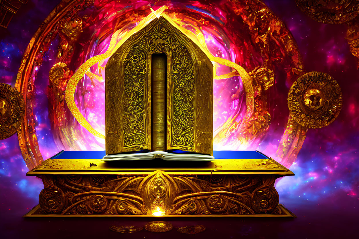 Majestic golden book on ornate pedestal in cosmic setting