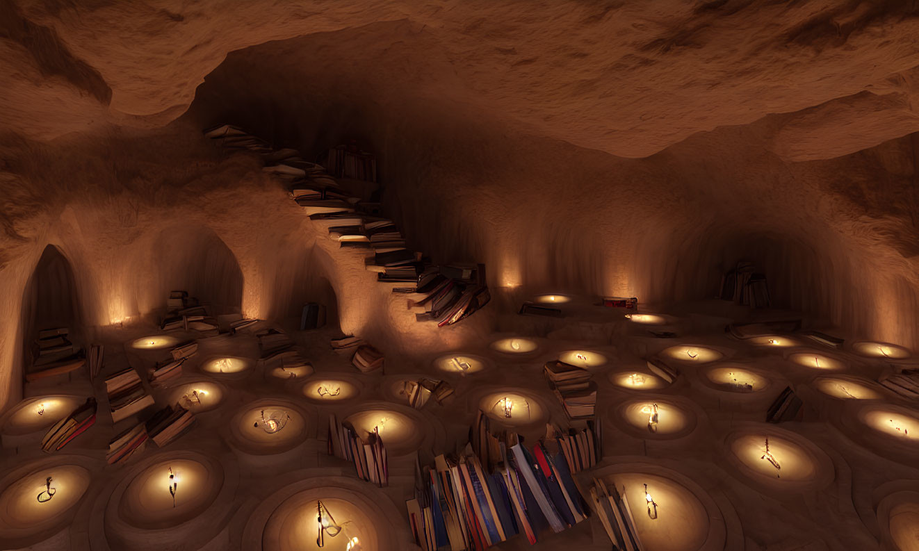 Subterranean library with wooden shelves, candlelit ambiance, and winding staircase