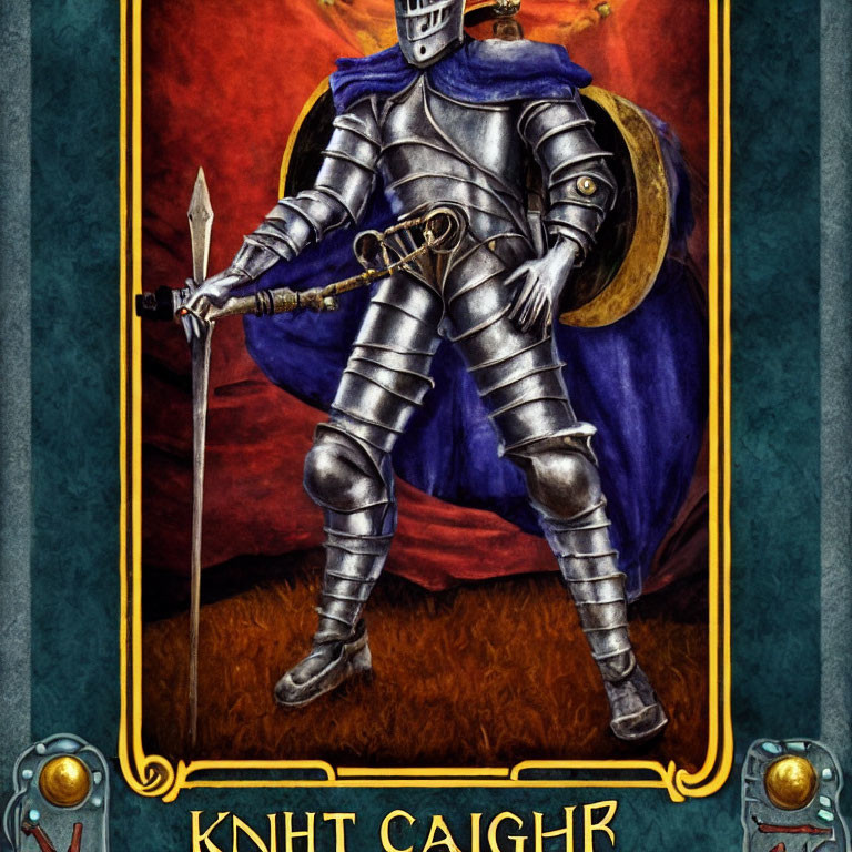 Knight in full armor with spear and shield on red and blue background.