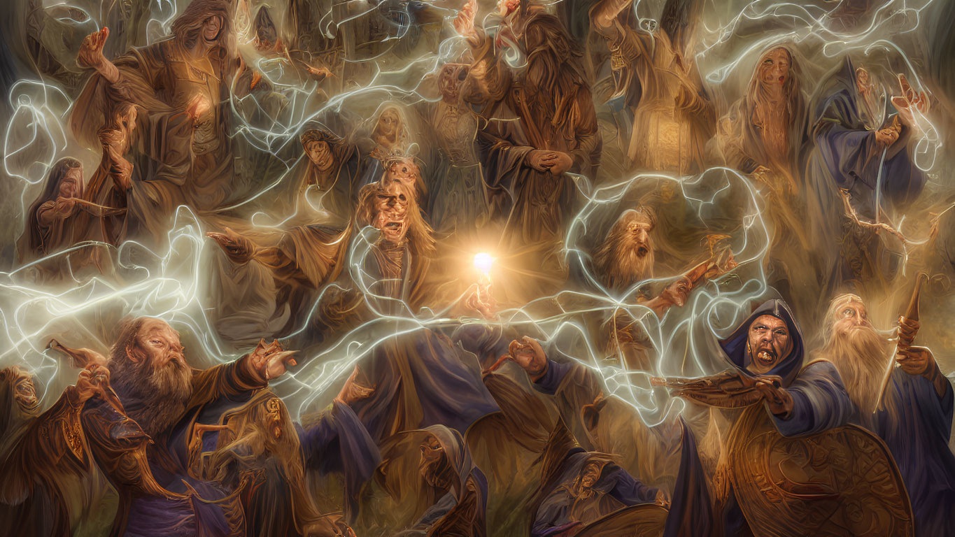 Illustration of Multiple Wizards Casting Lightning Spells