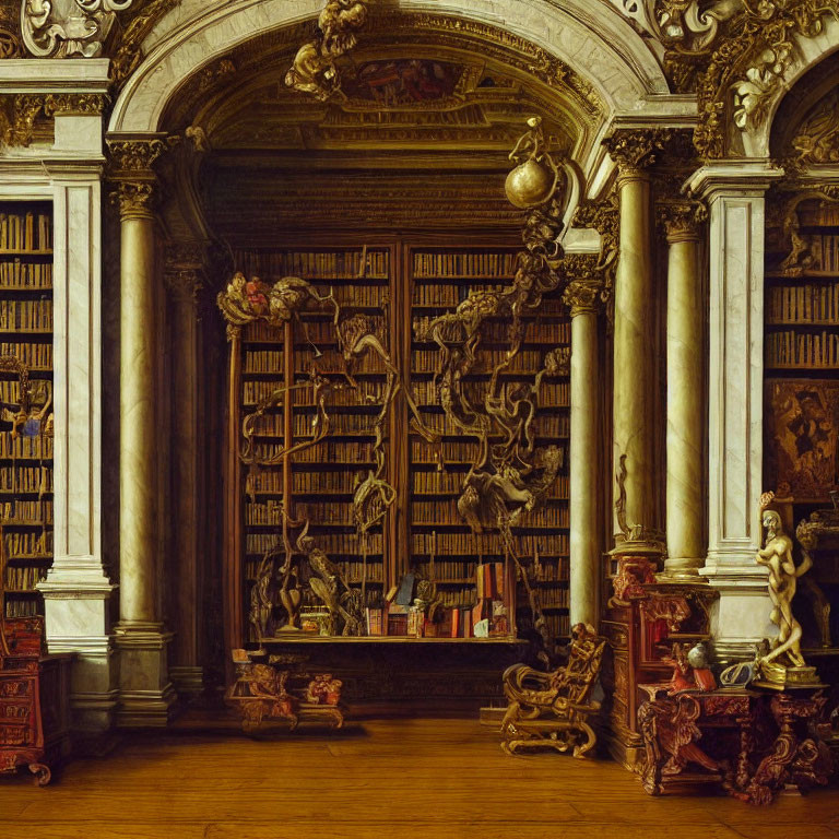 Historic library with wood paneling, books, sculptures, and global map