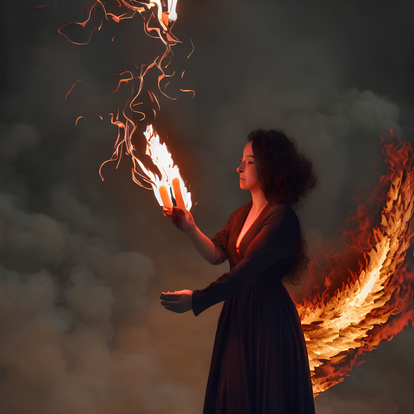 Curly-haired woman in dark dress holds flames with fiery wing, smoky backdrop