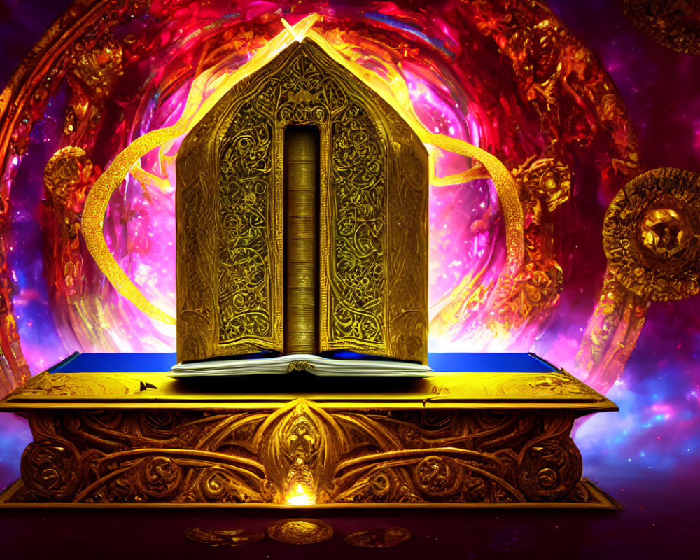 Majestic golden book on ornate pedestal in cosmic setting