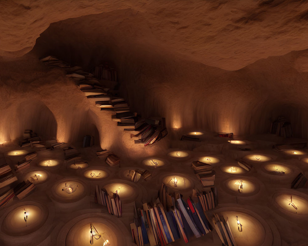 Subterranean library with wooden shelves, candlelit ambiance, and winding staircase