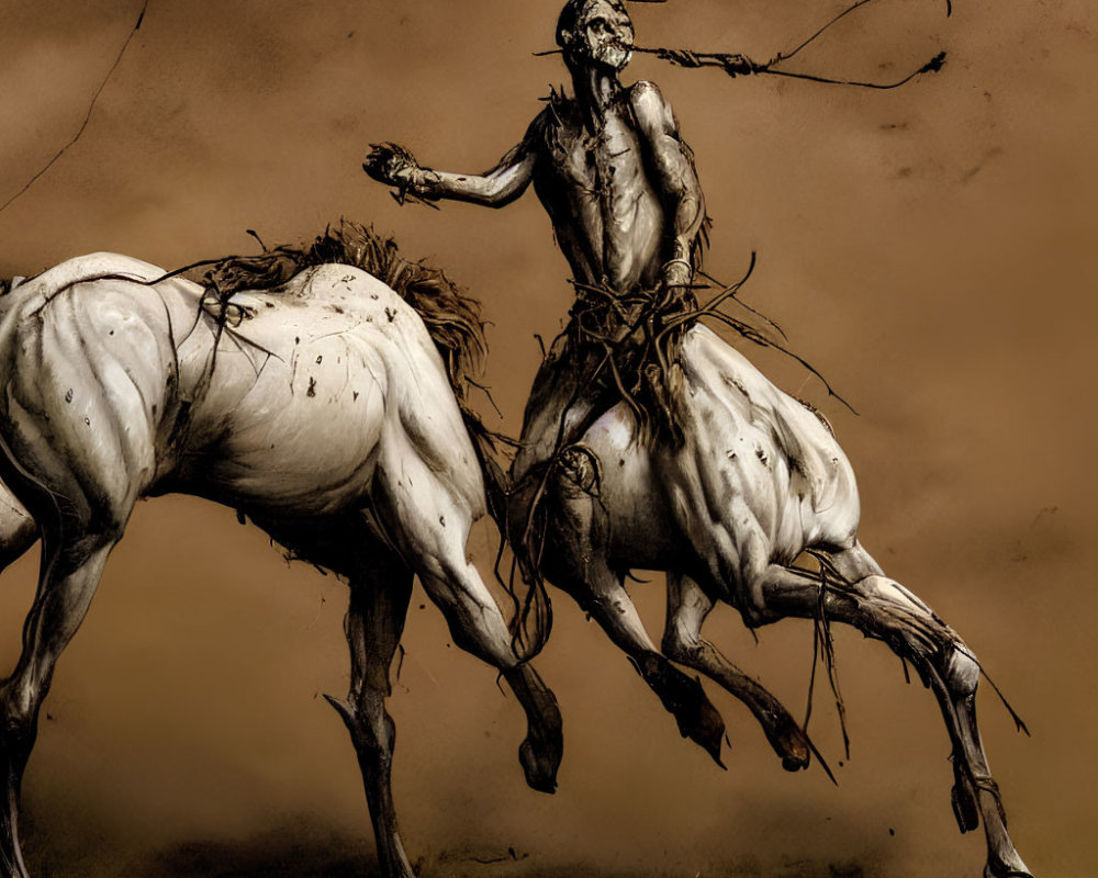 Eerie skeletal rider on gaunt horse with whip in somber scene