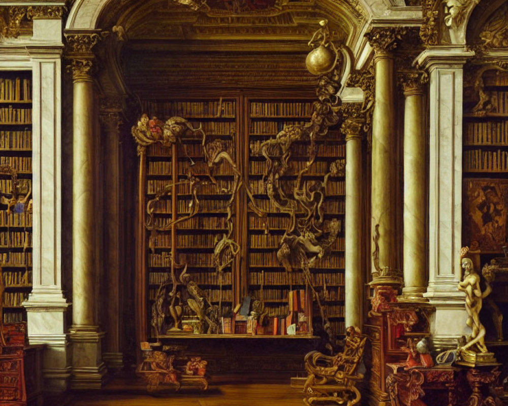 Historic library with wood paneling, books, sculptures, and global map