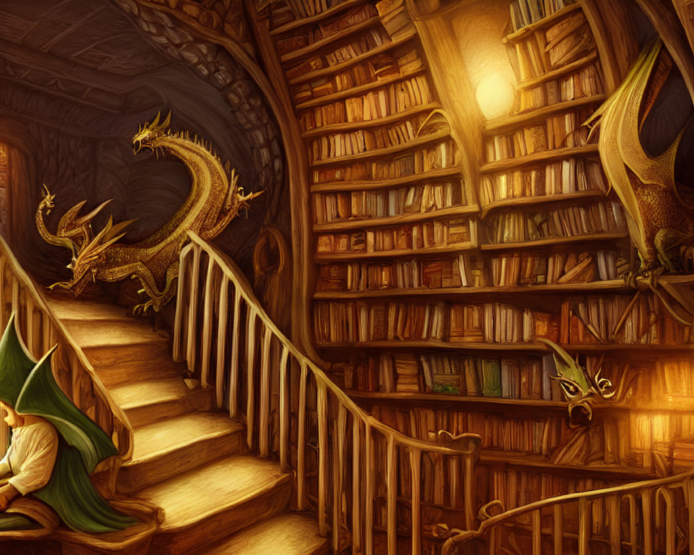 Whimsical library with arched ceilings and dragon figures reading and climbing.