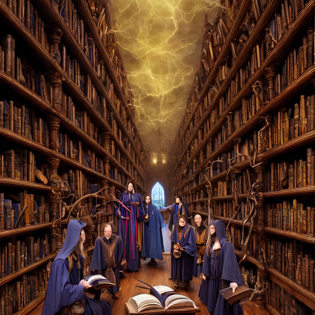 Group in robes in gothic library with lightning window