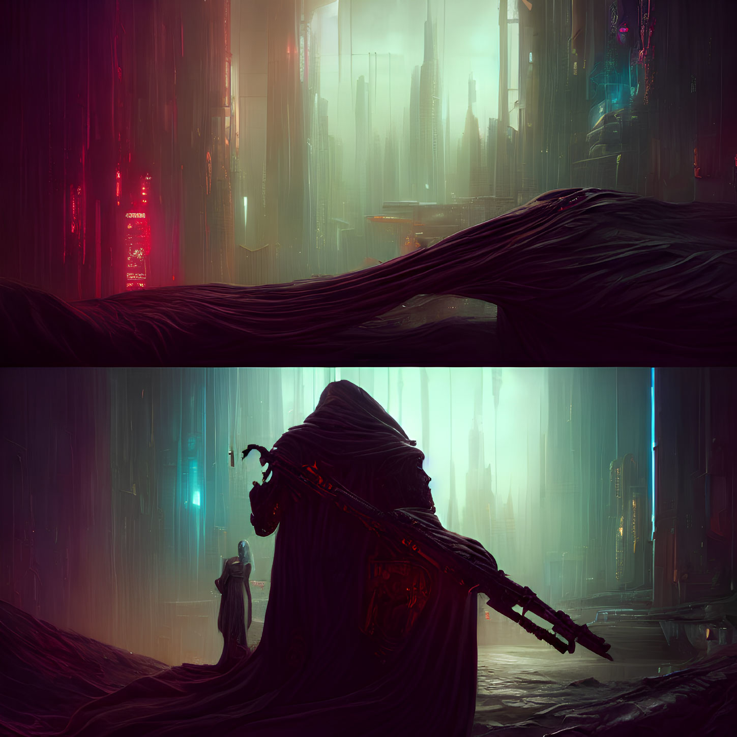 Futuristic cloaked figure with rifle and woman in neon-lit dystopian cityscape