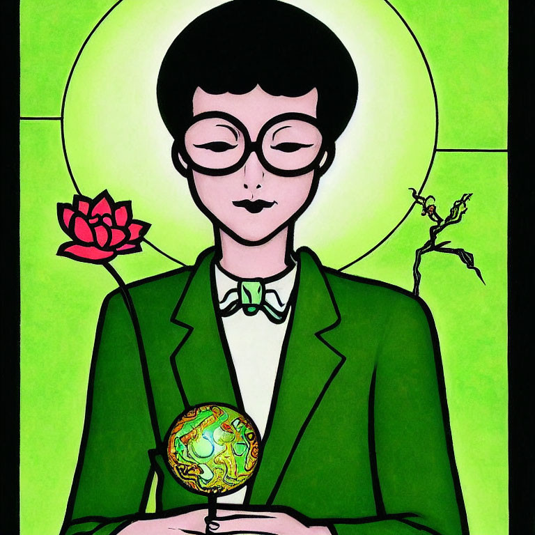 Person with glasses and halo in green suit holding globe with dollar sign and lotus