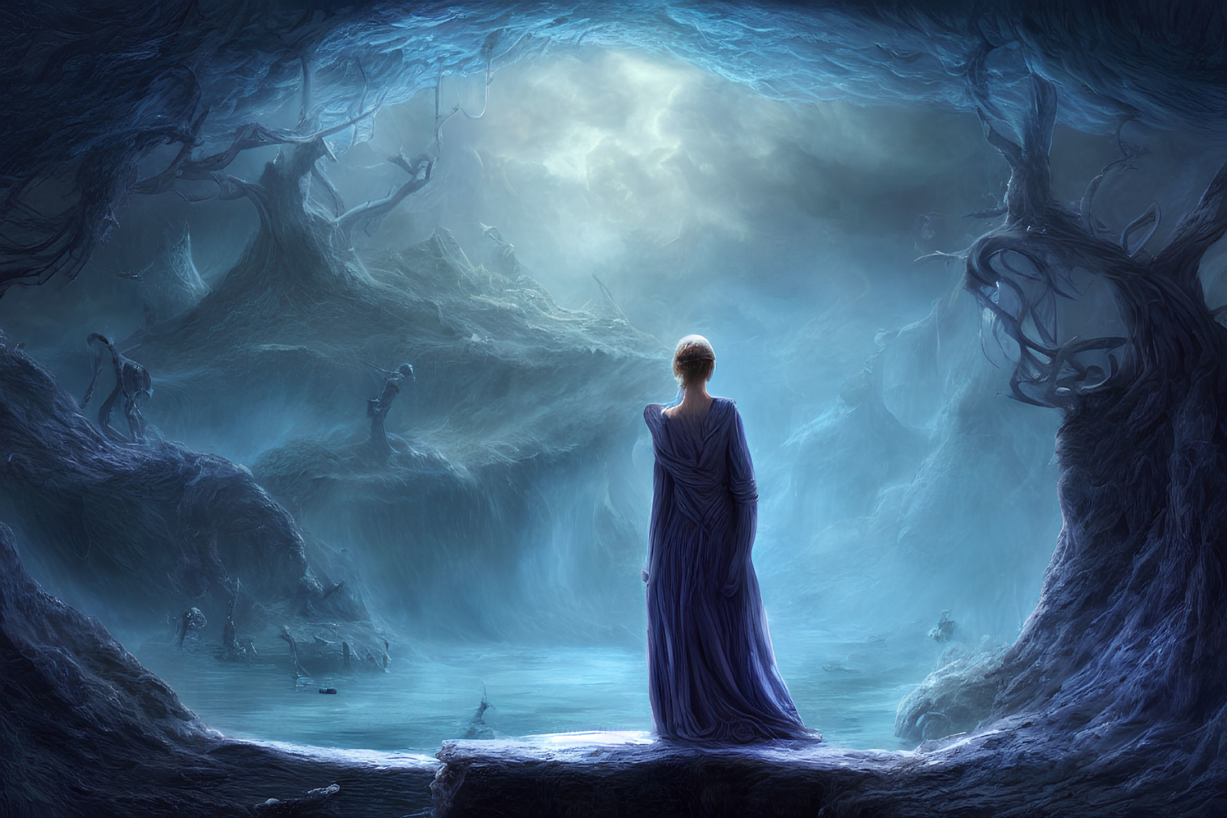 Person in blue robe at mystical cavern entrance with ethereal figures and gnarled trees.