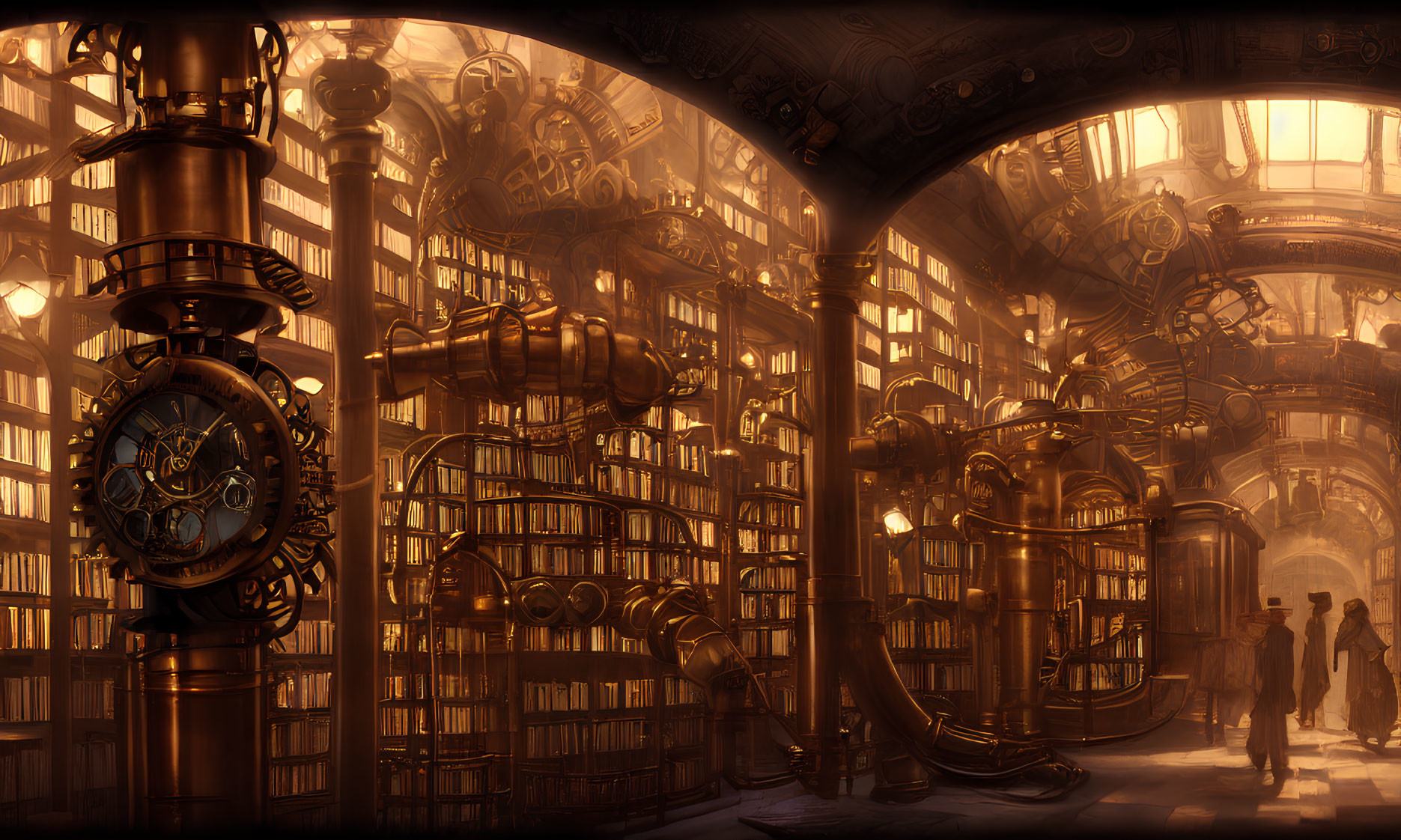 Steampunk library with gears, bookshelves, and silhouettes in warm, amber-l