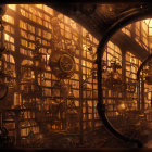 Steampunk library with gears, bookshelves, and silhouettes in warm, amber-l