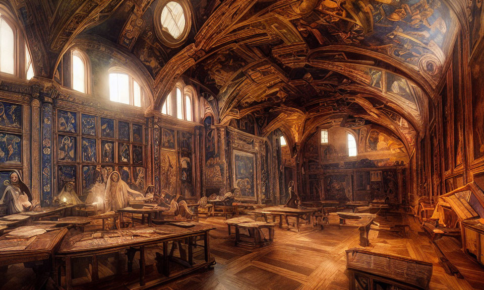 Ornate wood-paneled library with arched ceilings, frescoed walls, ghostly figures