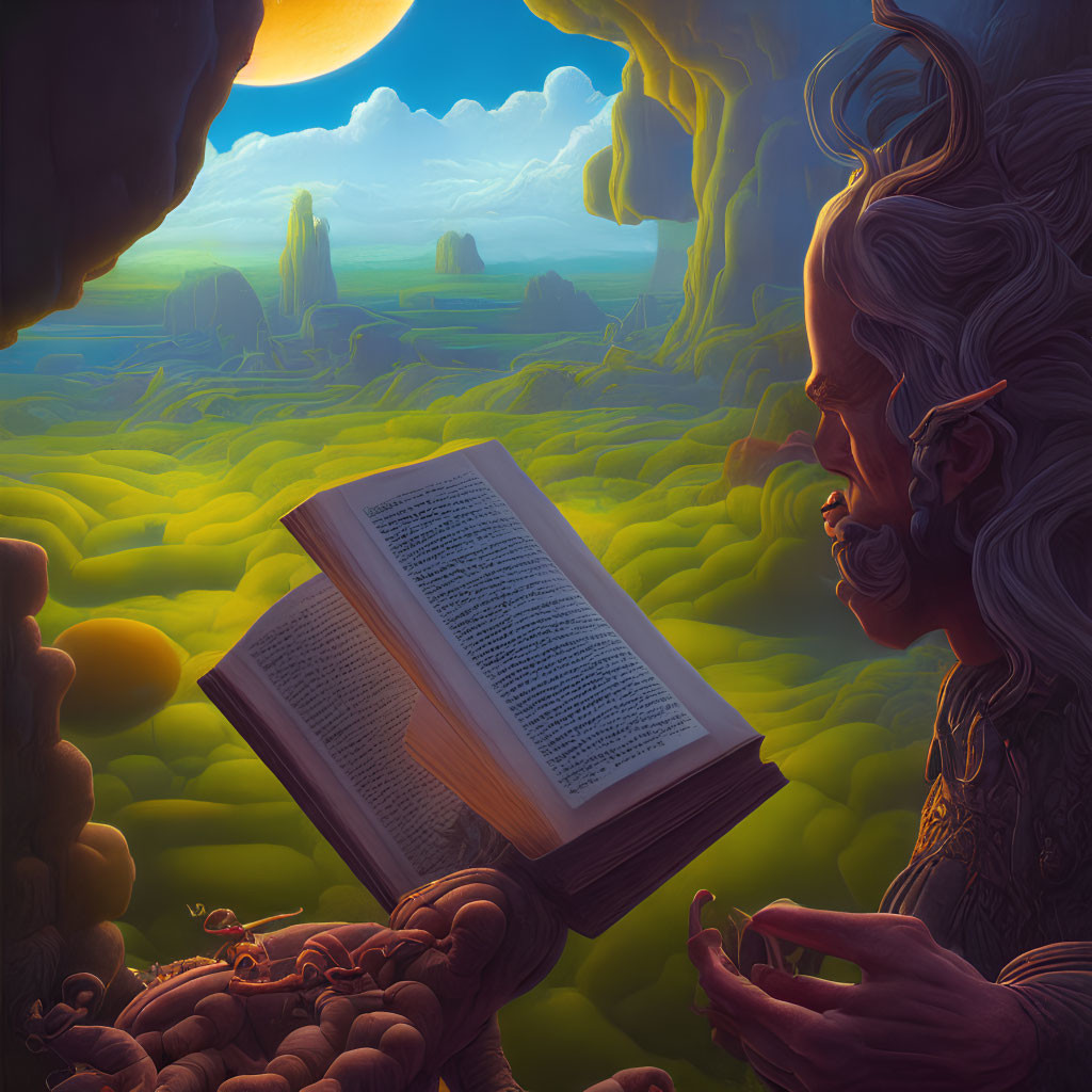 Bearded figure reading book in lush fantasy landscape