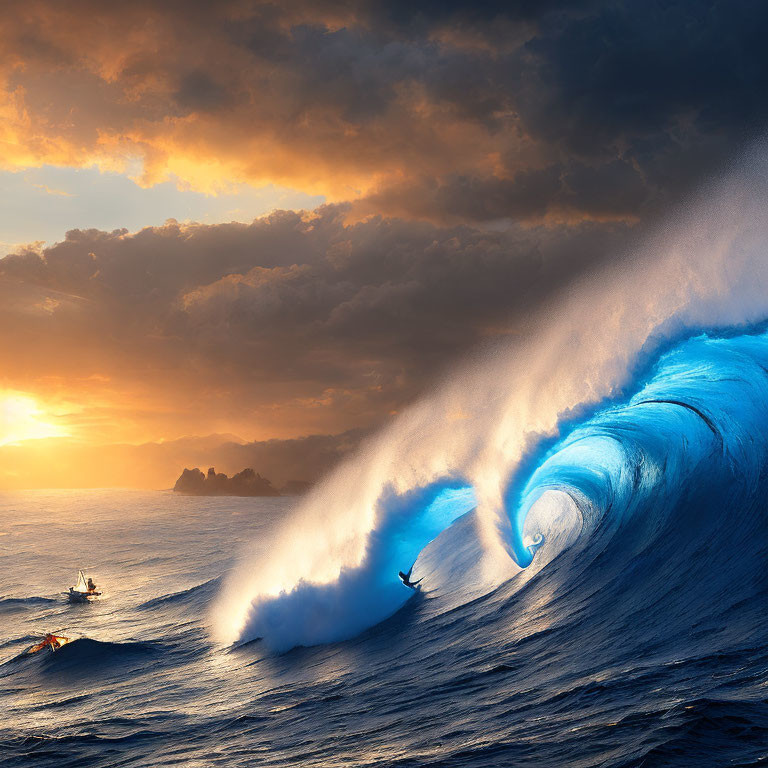 Blue wave curls against orange and yellow sunset sky with boat in ocean