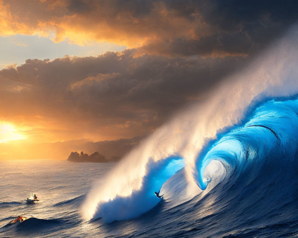 Blue wave curls against orange and yellow sunset sky with boat in ocean