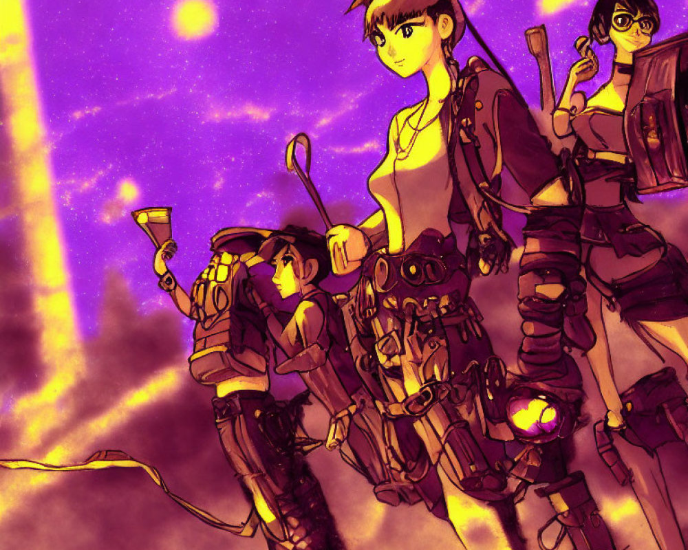 Three animated characters in futuristic gear against purple sky with glowing elements.