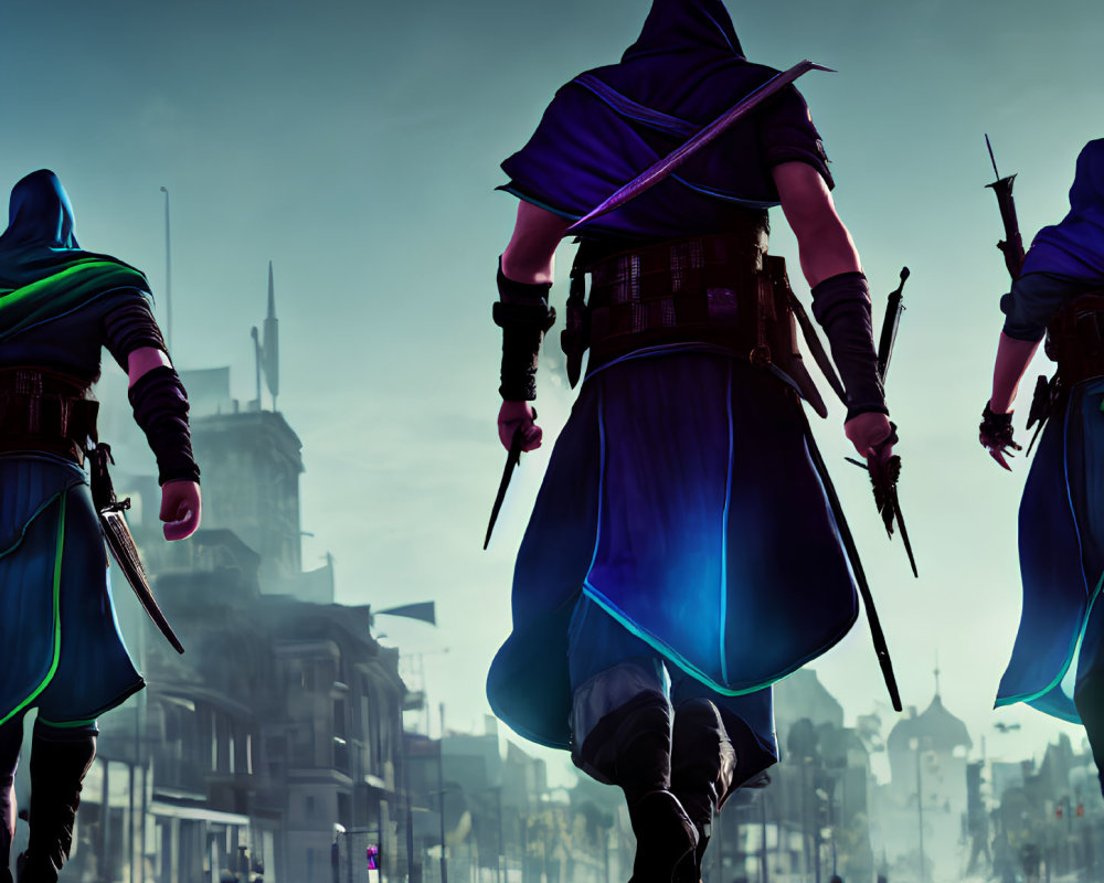 Hooded figures in blue and purple attire explore historic cityscape