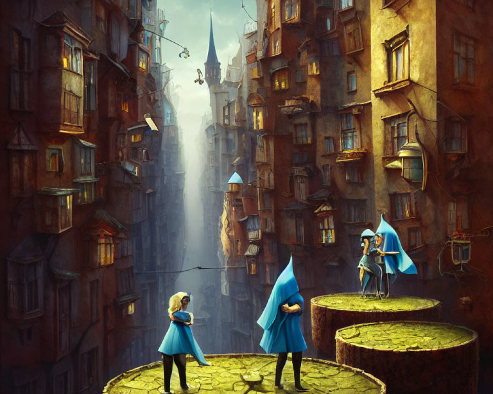 Surreal Artwork: Figures in Blue Cloaks on Circular Platforms