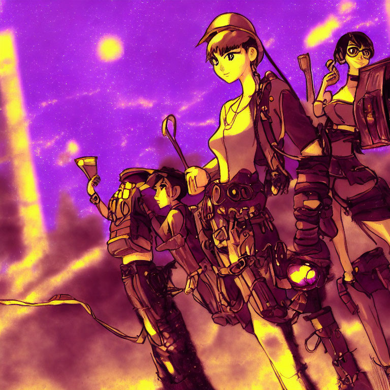 Three animated characters in futuristic gear against purple sky with glowing elements.