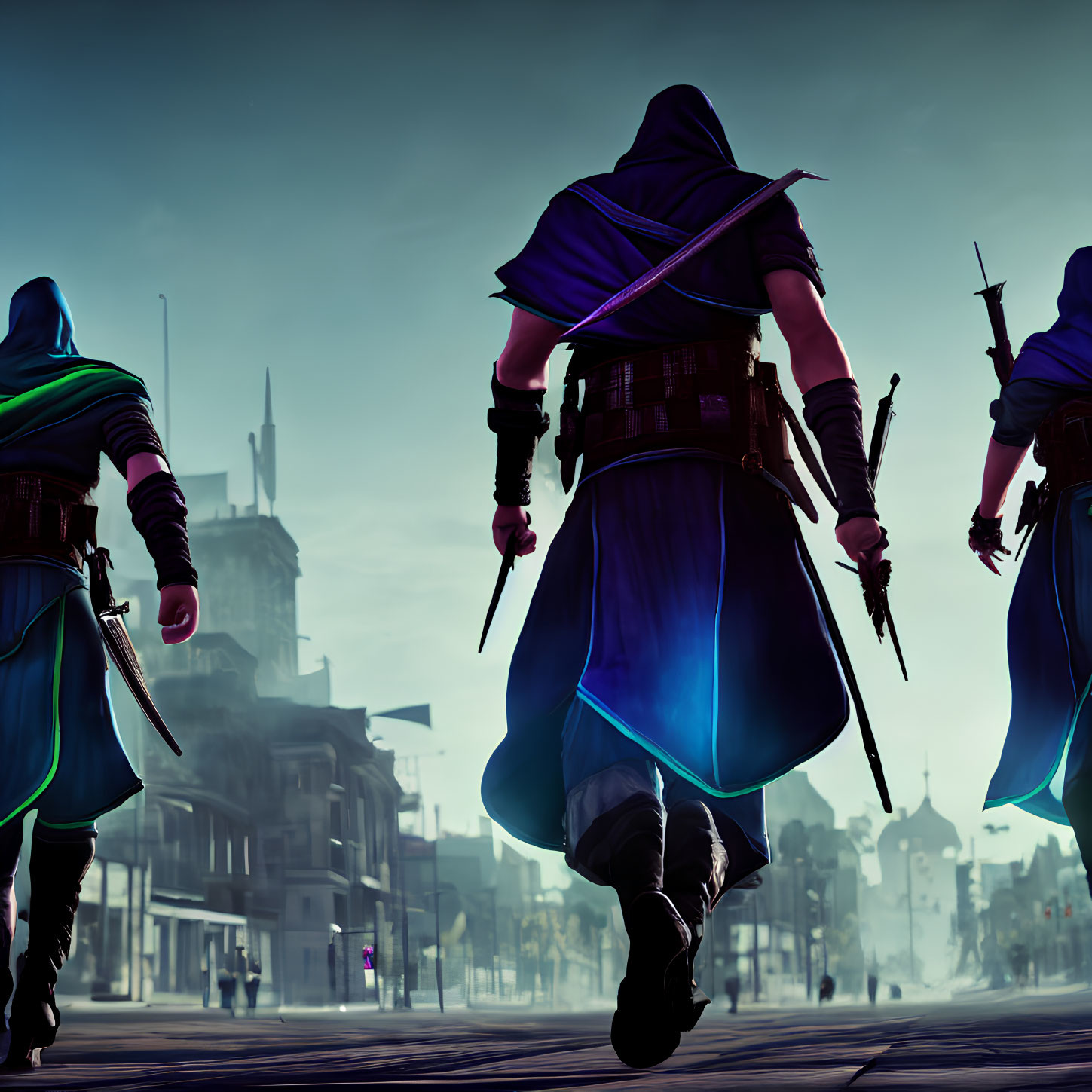 Hooded figures in blue and purple attire explore historic cityscape