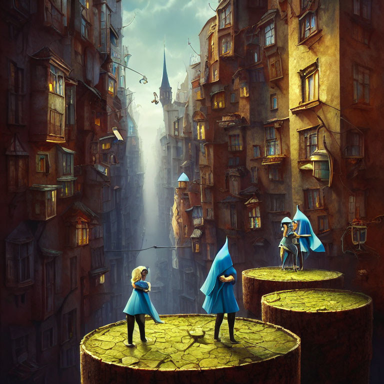 Surreal Artwork: Figures in Blue Cloaks on Circular Platforms