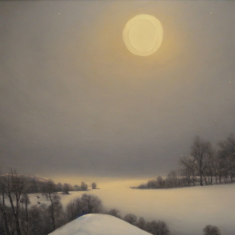 Winter Night Landscape: Snowy Field, Moonlit Trees