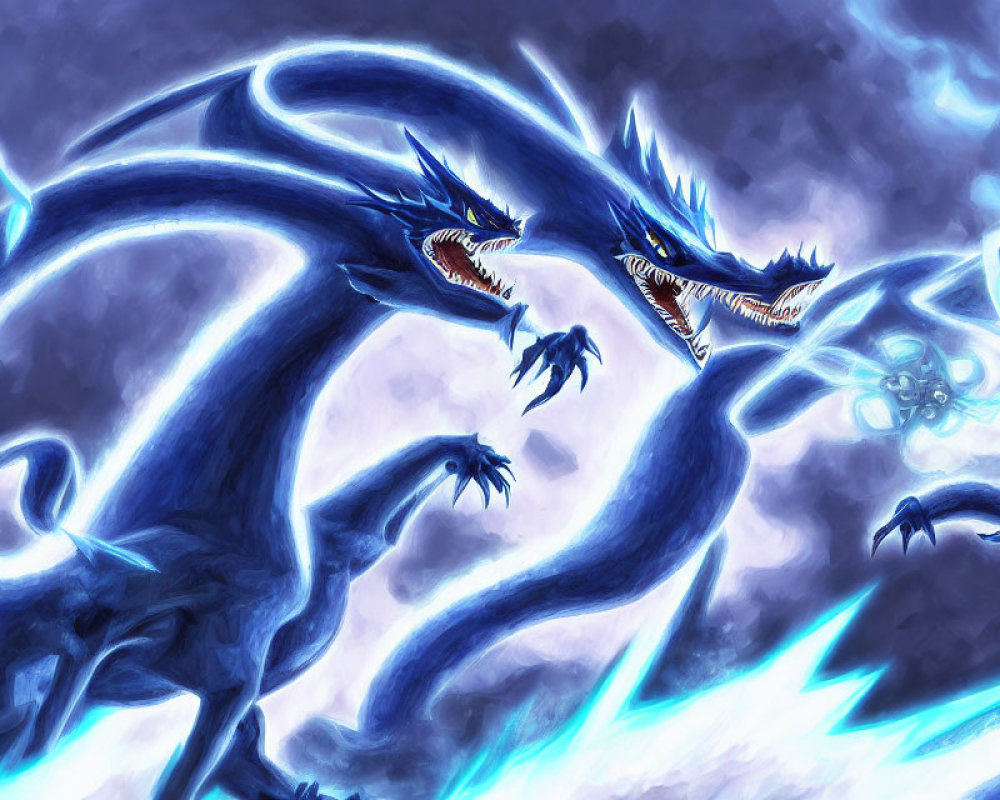 Two-headed dragon with blue electrifying energy in stormy backdrop