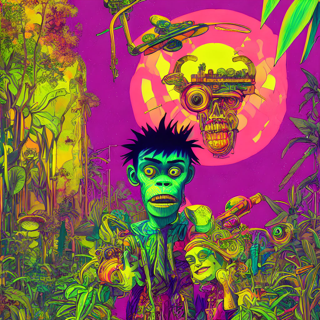 Colorful Jungle Scene with Startled Figure, Floating Skull, and Flying Saucer