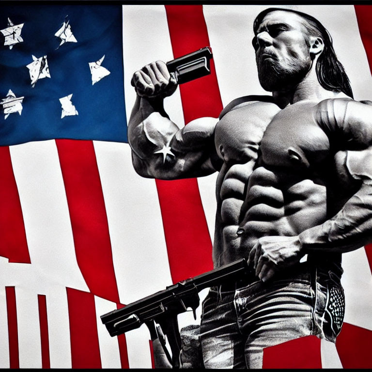 Muscular person with long hair posing with gun and magazine in front of American flag