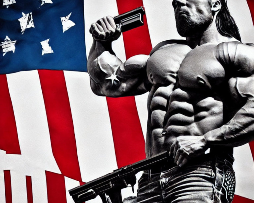 Muscular person with long hair posing with gun and magazine in front of American flag