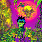 Colorful Jungle Scene with Startled Figure, Floating Skull, and Flying Saucer