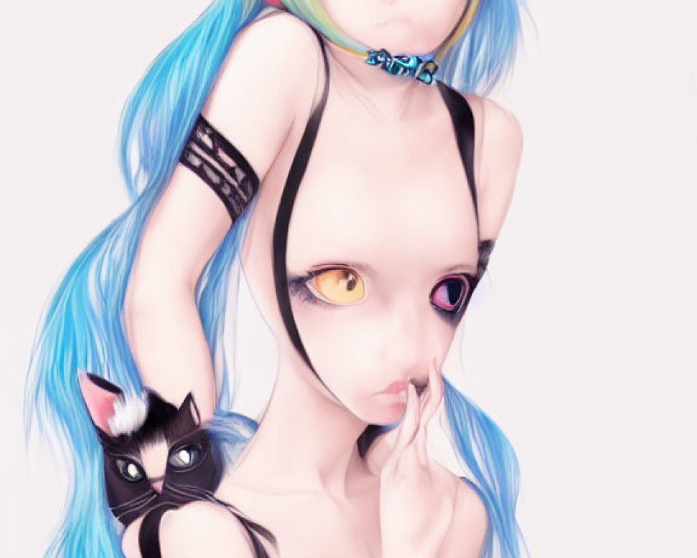 Character illustration: Blue and yellow hair, cat ears, yellow eyes, holding black cat