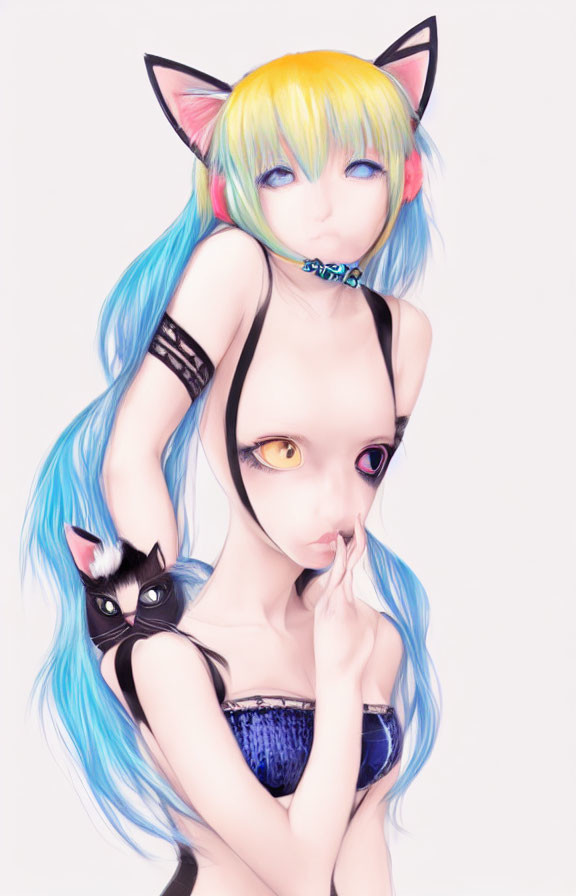 Character illustration: Blue and yellow hair, cat ears, yellow eyes, holding black cat