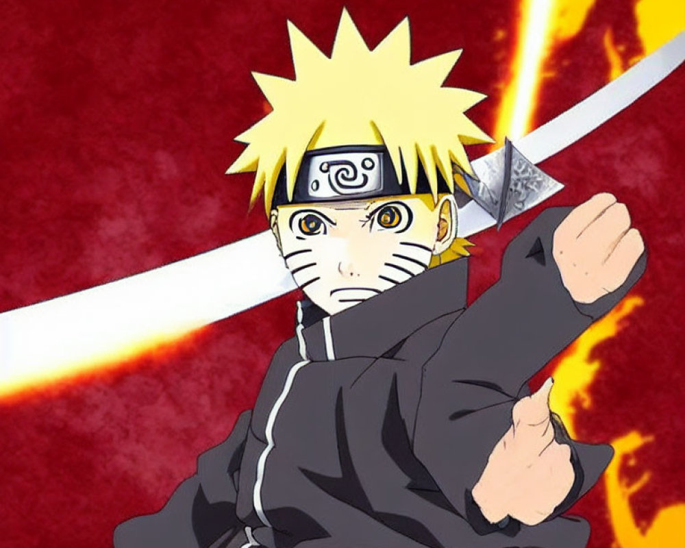 Blonde Anime Character with Kunai in Fiery Background