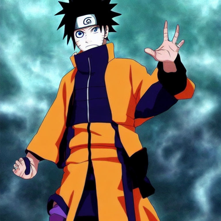 Spiky Black-Haired Animated Character in Orange and Black Suit Hand Sign Pose