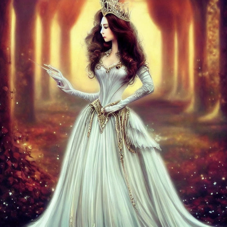 Fantasy queen in white gown with crown and scepter in mystical autumn forest