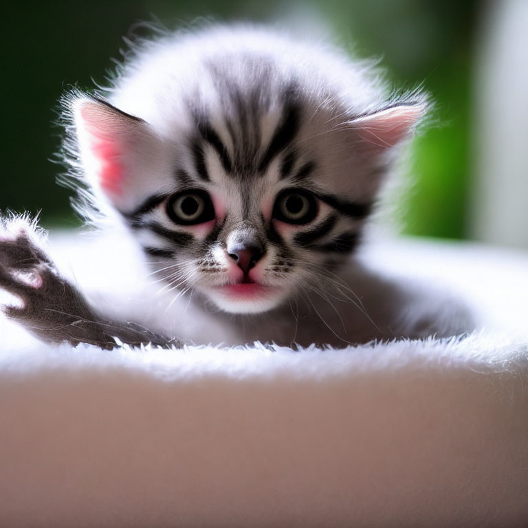 Gray and White Striped Kitten with Pinkish-Red Eyes on Soft Surface