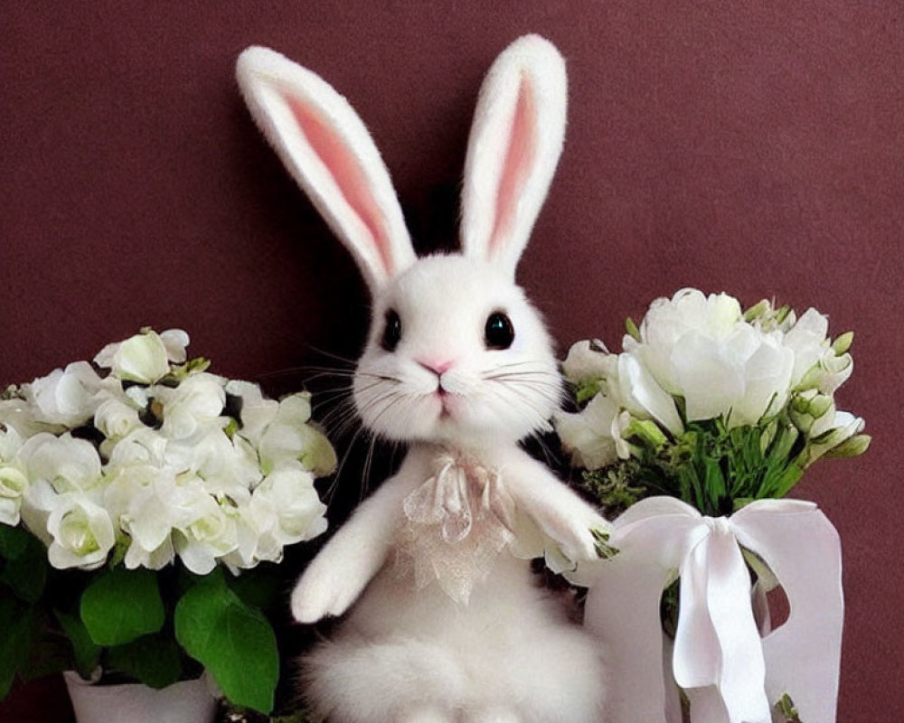 White Rabbit Plush with Lace Bow Among White Flowers on Brown Background