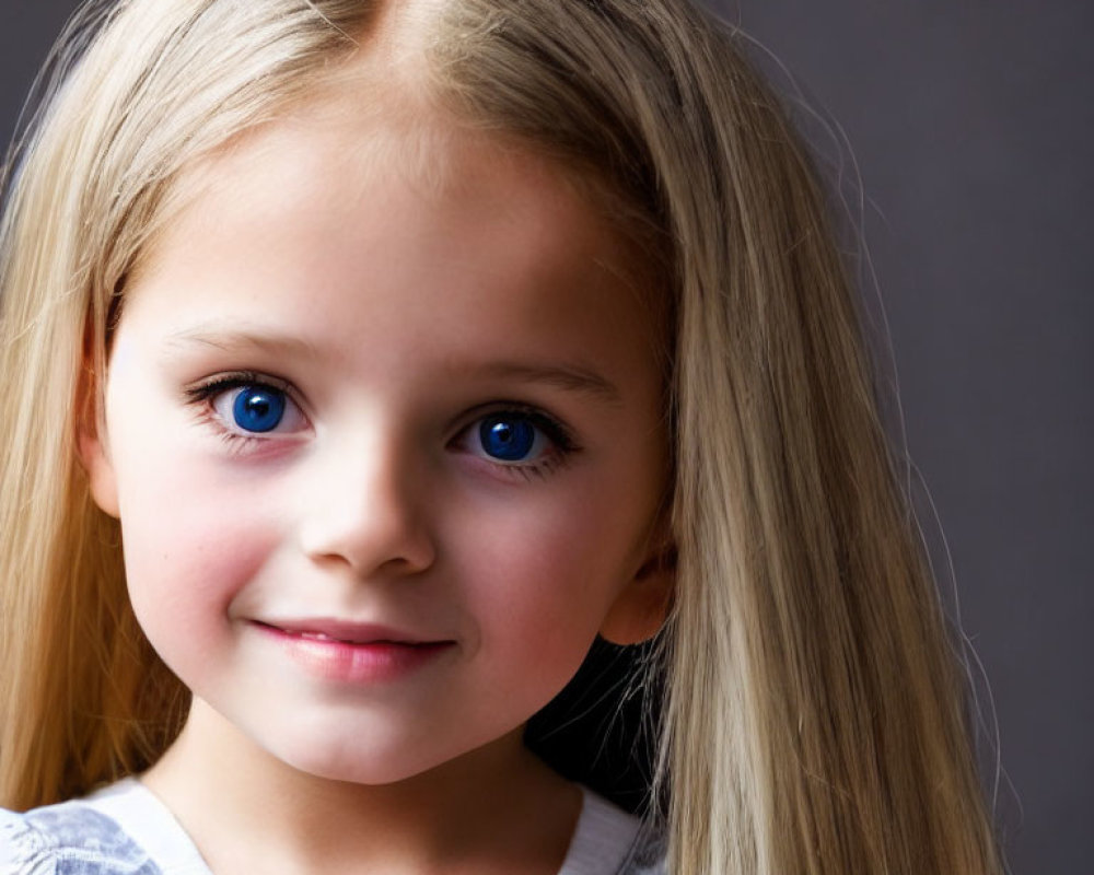 Young girl with long blonde hair and blue eyes smiling on grey background