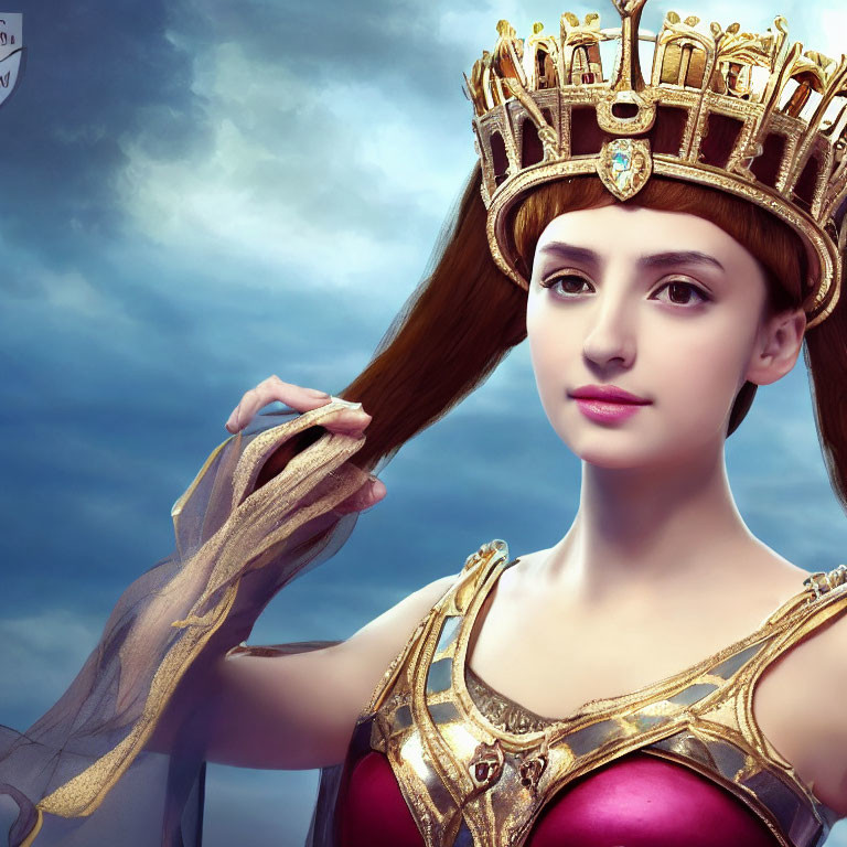 Regal woman in golden crown and armor with long brown hair against cloudy sky