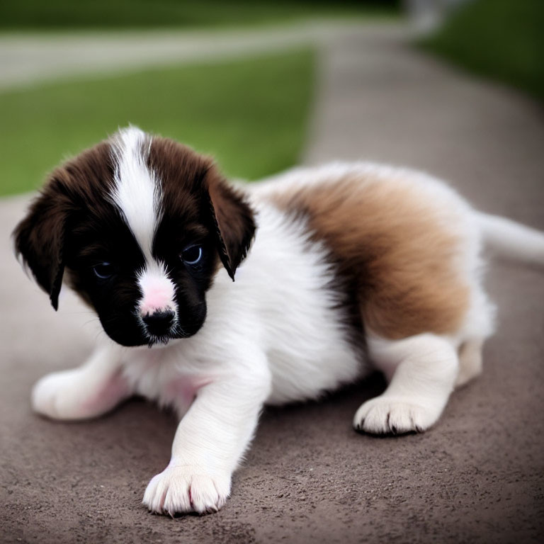 Brown and White Puppy with Floppy Ears and Blue Eyes on Pavement