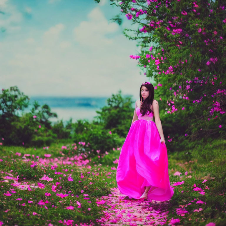 Young woman in pink dress surrounded by greenery and flowers near blue lake