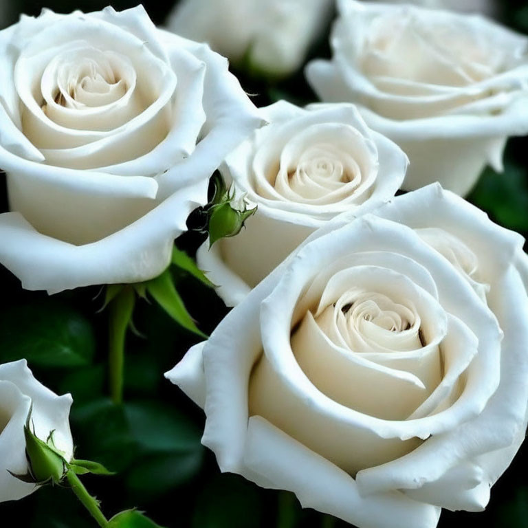 Close-up of Pristine White Roses with Delicate Petals and Green Leaves