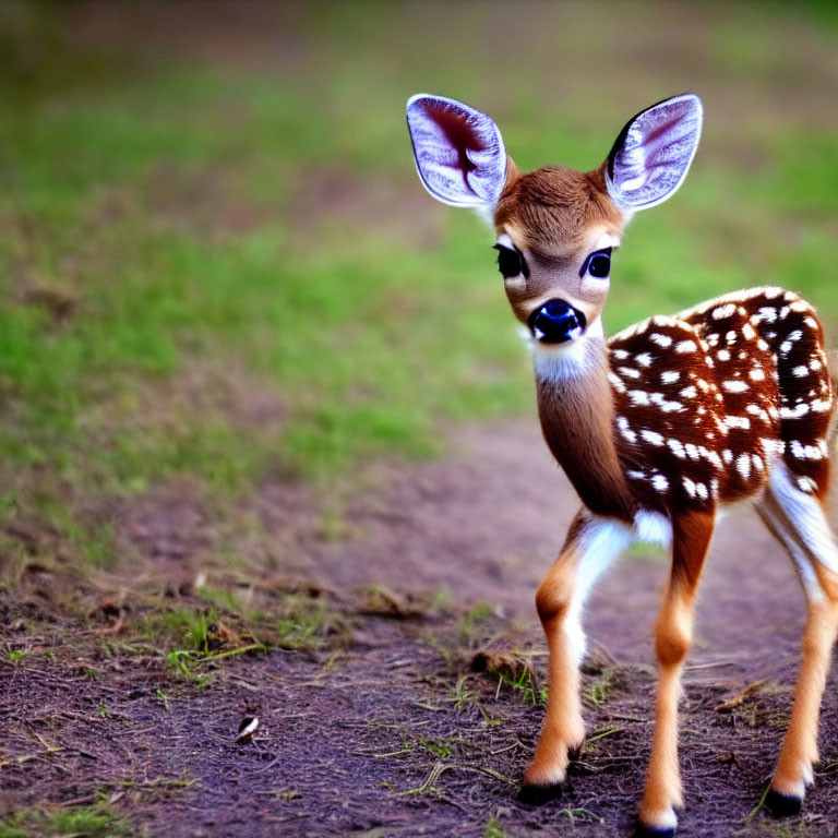 Young spotted fawn on grassy path with alert ears and gentle gaze.