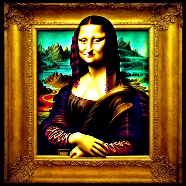 Digitally altered Mona Lisa portrait with surreal landscape background.