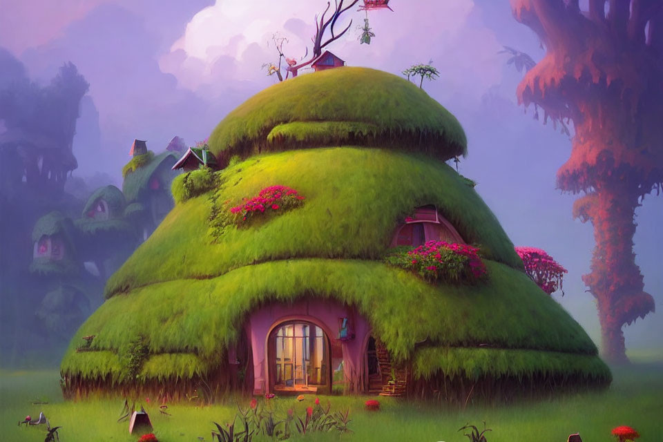 Whimsical house with grass-covered dome roof in magical forest